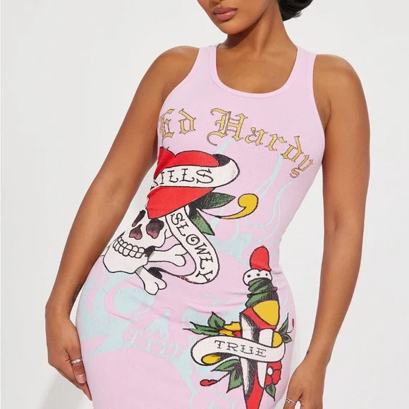 Ed Hardy dress Retro Flash 1 Tank Dress - Pink bodycon dress club GNO party - Picture 2 of 3